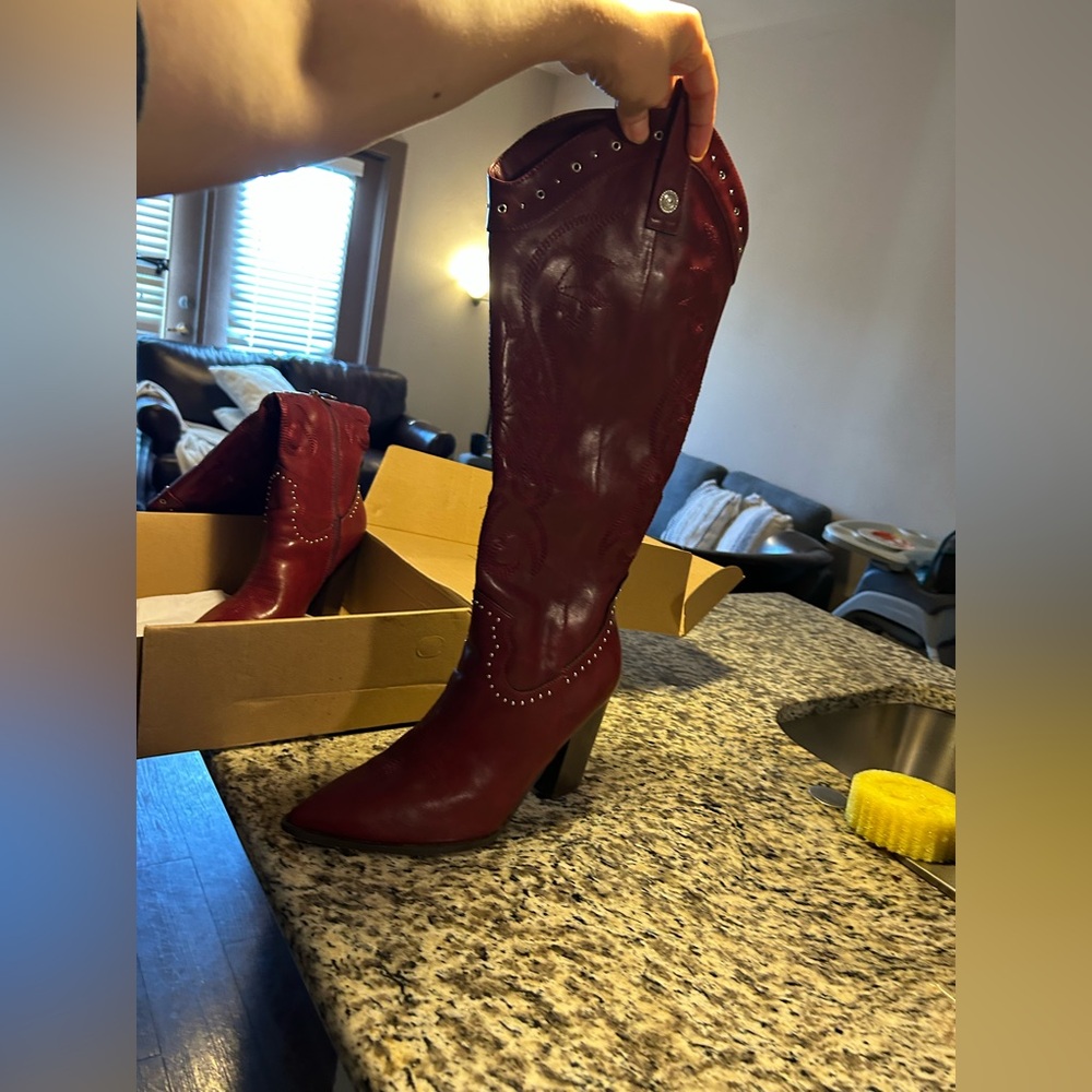 VOMIRA Knee High Cowboy Boots Pointed Toe Chunky Western Wide Calf Cowgirl Boots - Picture 13 of 16